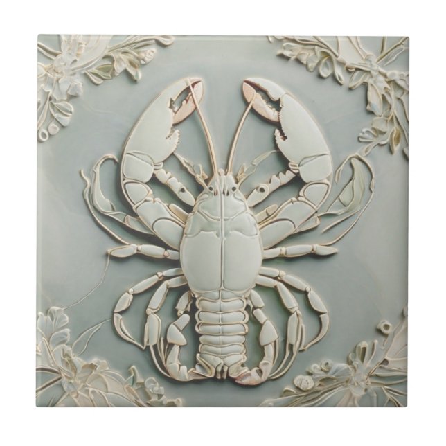 Lobster Art Nouveau Faux Relief Mint Pastel Tile (Front)