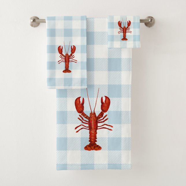 Lobster Blue Check Gingham Pattern Bath Towel Set (Insitu)