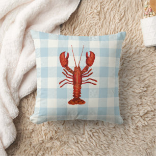 Lobster Blue Gingham Check Coastal Cushion