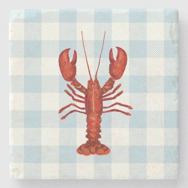 Lobster Blue Gingham Check Coastal Stone Coaster (Front)