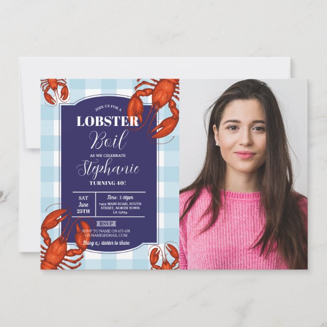 Lobster Boil Birthday Party Navy Seafood Photo Invitation (Front)
