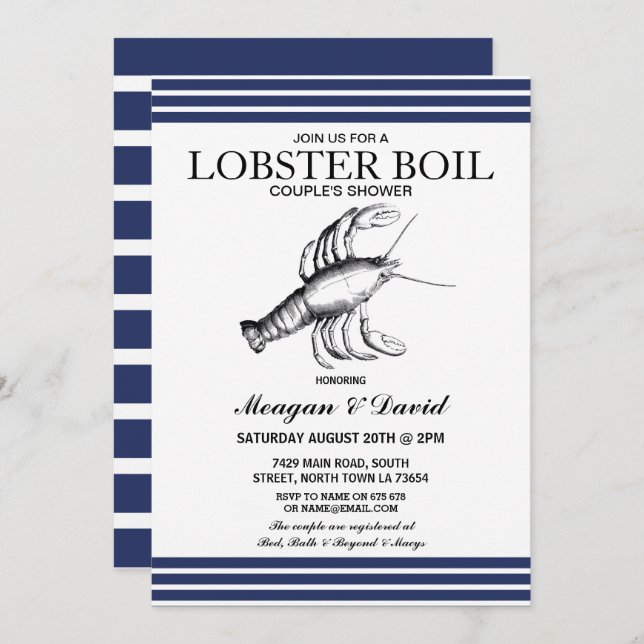 Lobster Boil Engagement Party Stripe Blue Beach Invitation (Front/Back)