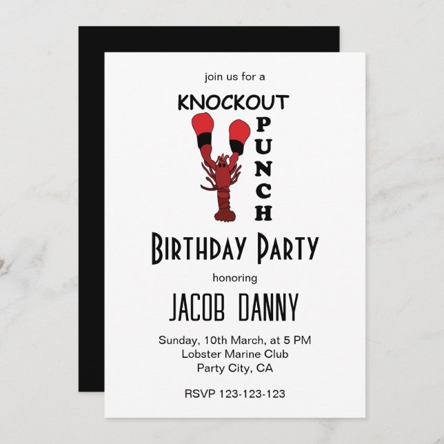 Lobster Boxing Knockout Punch Birthday Party Invitation (Front/Back)