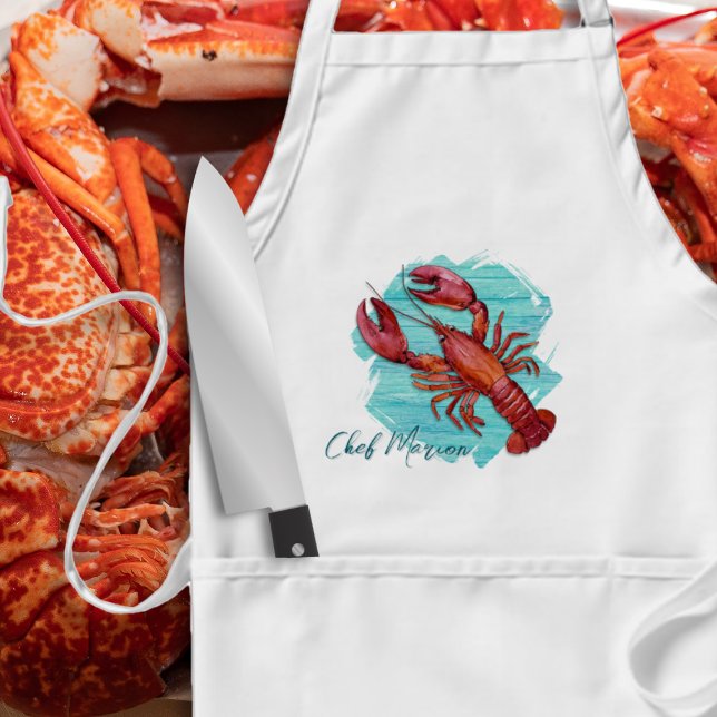 Lobster Chef Blue Wood Design Pocket Apron (Creator Uploaded)