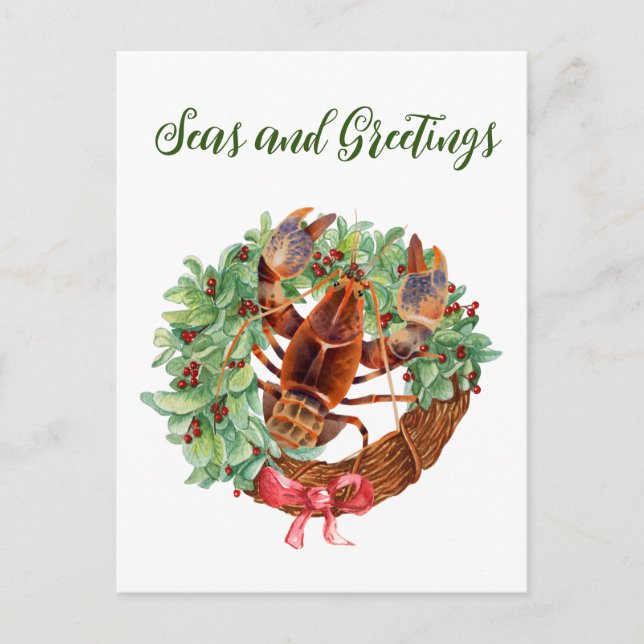 Lobster Christmas Watercolor Wreath  Holiday Postcard (Front)