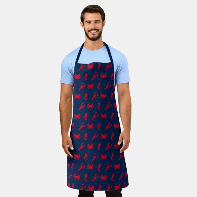 Lobster crab seahorse navy blue red pattern apron (Worn)