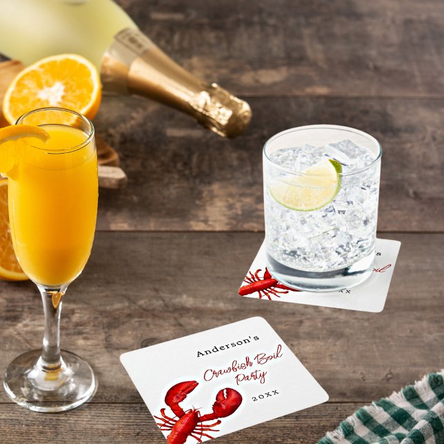 Lobster crawfish boil party red white square paper coaster (Creator Uploaded)