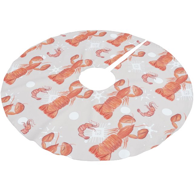 Lobster Crustacean Watercolor Snowflake Pattern Brushed Polyester Tree Skirt (Angled)