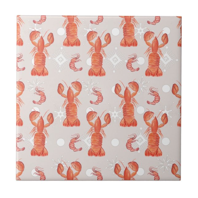 Lobster Crustacean Watercolor Snowflake Pattern Tile (Front)