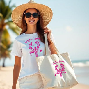 Lobster-Fisherman Core-Hawaiian Tropical-Pink Large Tote Bag