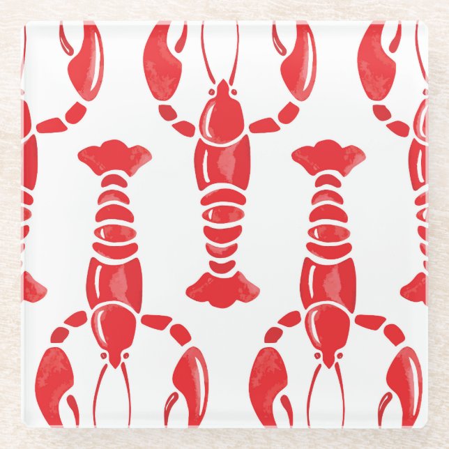 Lobster Illustration: Watercolor Seamless Backgrou Glass Coaster (Front)