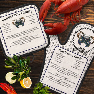 Lobster Nautical Recipe  Template Anchor Pattern Oven Mitt & Pot Holder Set