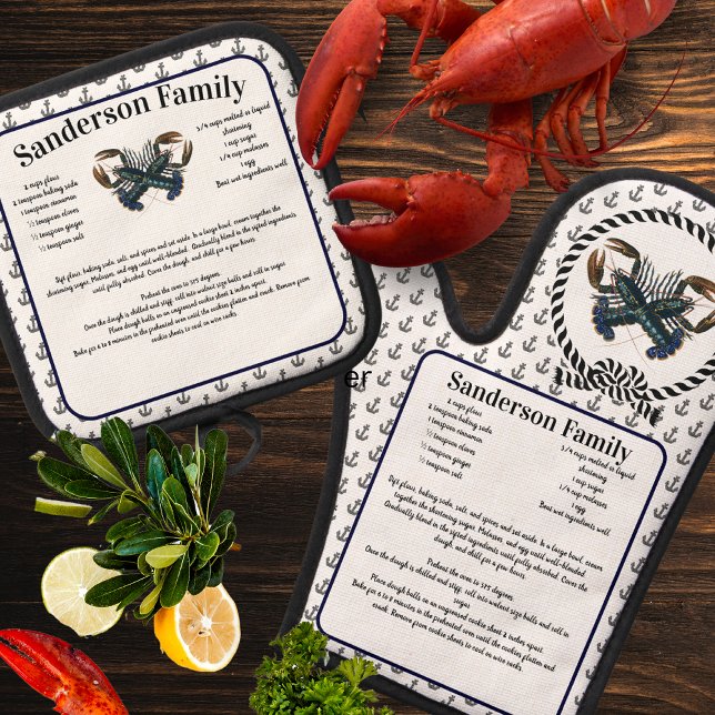 Lobster Nautical Recipe  Template Anchor Pattern Oven Mitt & Pot Holder Set (Creator Uploaded)