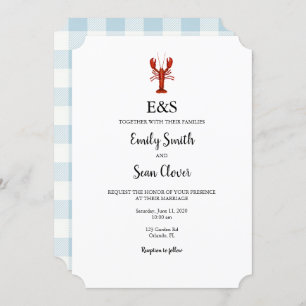 Lobster Nautical Wedding Monogram Blue Gingham Invitation