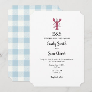 Lobster Nautical Wedding Monogram Blue Gingham Invitation