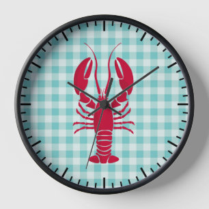 Lobster on Blue Gingham Kitchen Clock