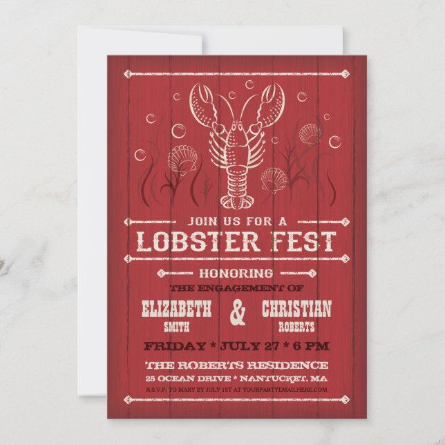 Lobster on Red Barn Wood Invitation (Front)