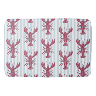 Lobster Painting Nautical Blue Stripe Coastal Bath Mat