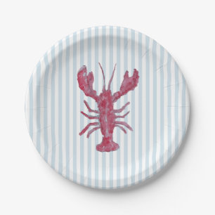 Lobster Painting Nautical Blue Stripe Coastal Paper Plate