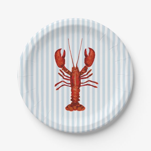 Lobster Painting Nautical Blue Stripe Coastal Paper Plate (Front)
