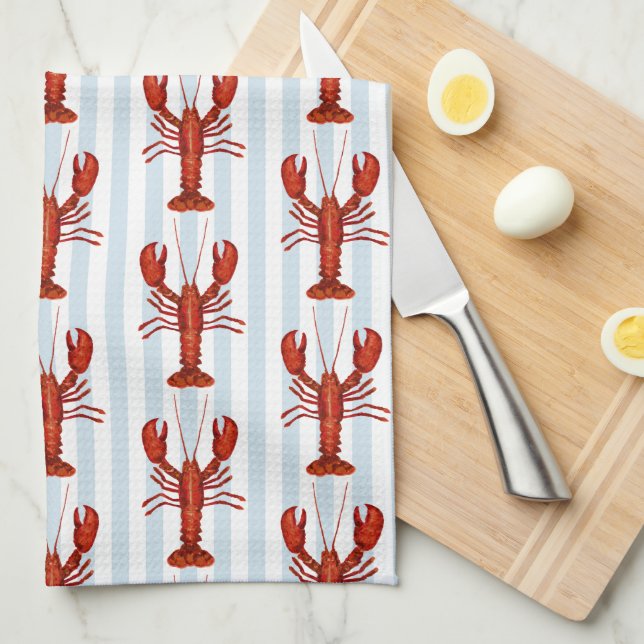 Lobster Painting Nautical Blue Stripe Coastal Tea Towel (Quarter Fold)