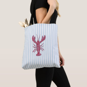 Lobster Painting Nautical Blue Stripe Coastal Tote Bag