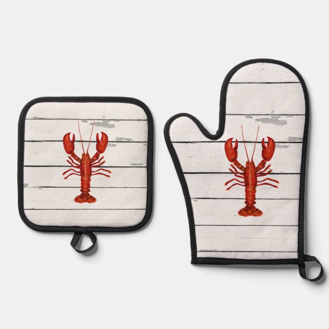 Lobster Painting Nautical Coastal Oven Mitt & Pot Holder Set (Front)