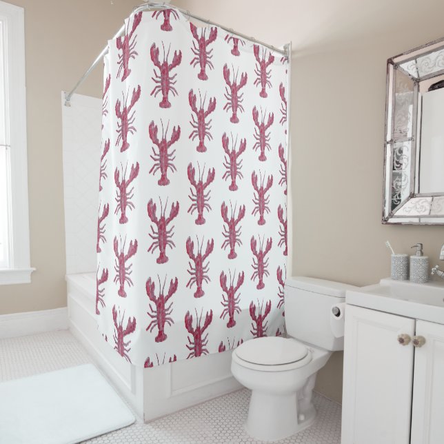 Lobster Painting Nautical Coastal Pattern Shower Curtain (In Situ)