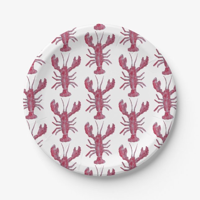 Lobster Painting Nautical Pattern Coastal Paper Plate (Front)