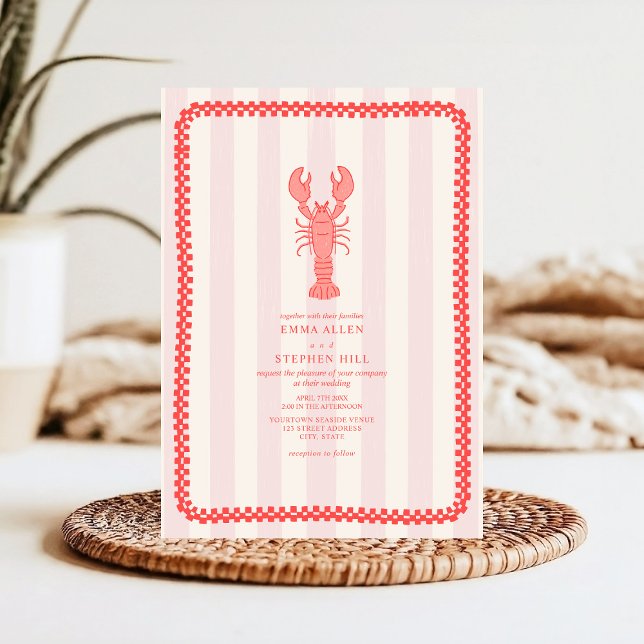 Lobster Pink Stripe Chequerboard Nautical Wedding Invitation (Creator Uploaded)