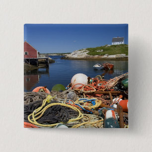 Lobster pots, buoys, and ropes on the dock at 15 cm square badge
