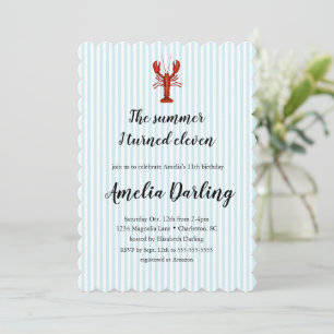 Lobster Preppy Blue Stripe Summer I turned Eleven Invitation