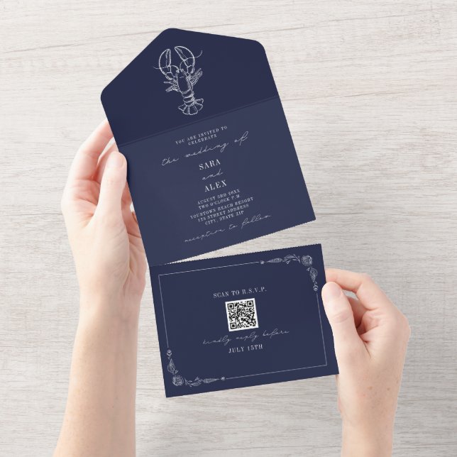 Lobster Rustic Beach Wedding Dark Blue QR All In One Invitation (Tearaway)