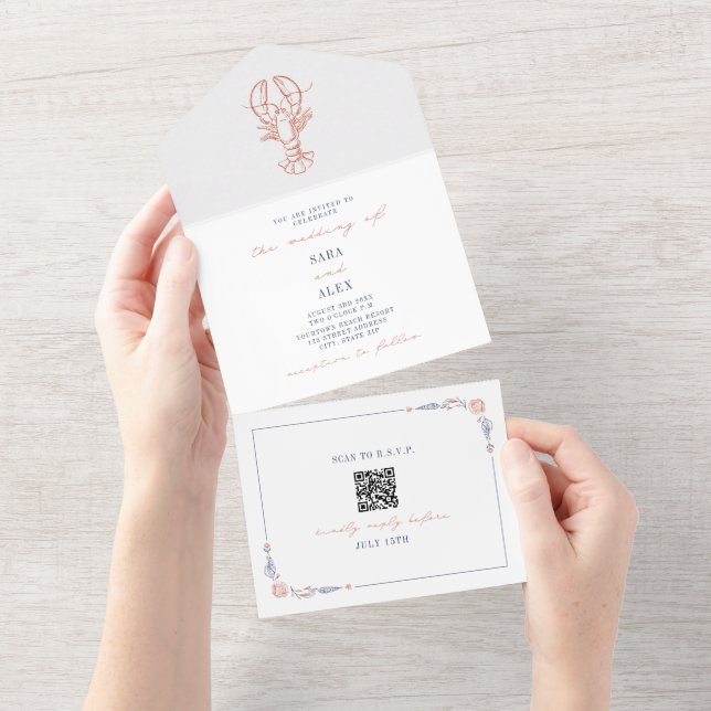 Lobster Rustic Beach Wedding Red & Blue QR RSVP All In One Invitation (Tearaway)