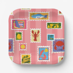 lobster sardine lemon seafood stamp collage stripe paper plate