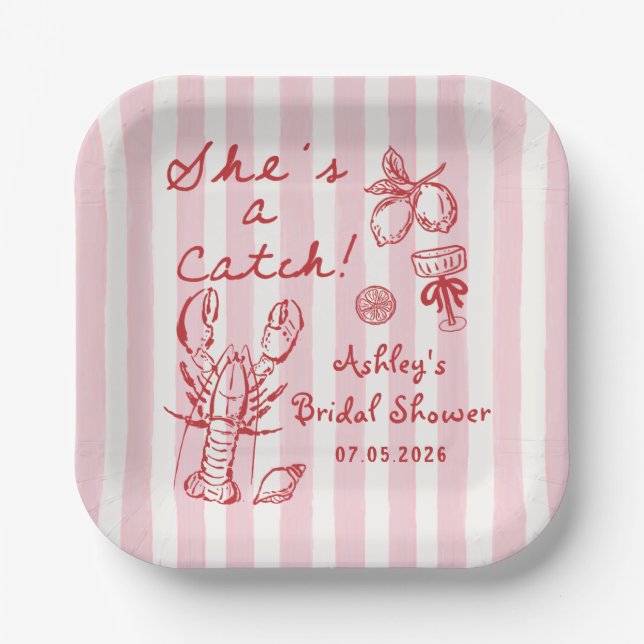 Lobster She's A Catch Bridal Shower Paper Plates (Front)
