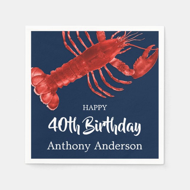 Lobster Themed Dark Blue Fun Birthday Party Custom Napkin (Front)
