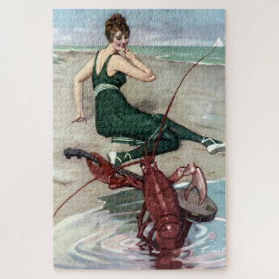 Lobster With Banjo Serenading Beach Girl Jigsaw Puzzle