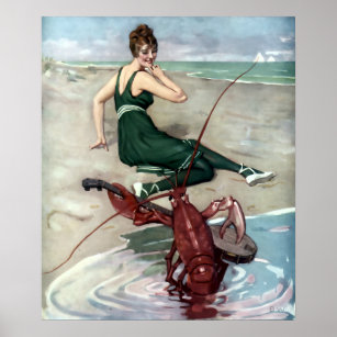 Lobster With Banjo Serenading Beach Girl Poster