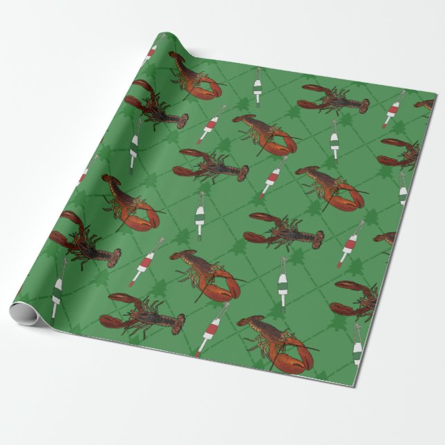 Lobsters and Fishing Buoys on Green Christmas Wrapping Paper (Unrolled)