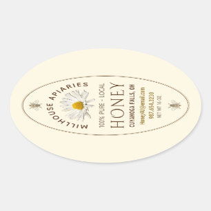 Local Hand Bottled Honey Daisy and Bees Ivory  Oval Sticker