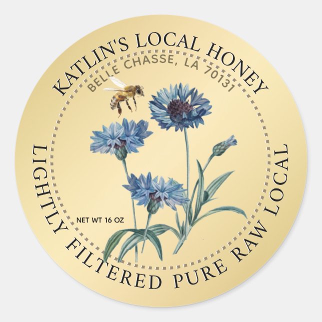 Local Honey Label Blue Aster Flower Honeybee Gold (Front)