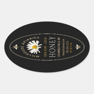 Local Honey with Daisy and Bees Black Oval Sticker