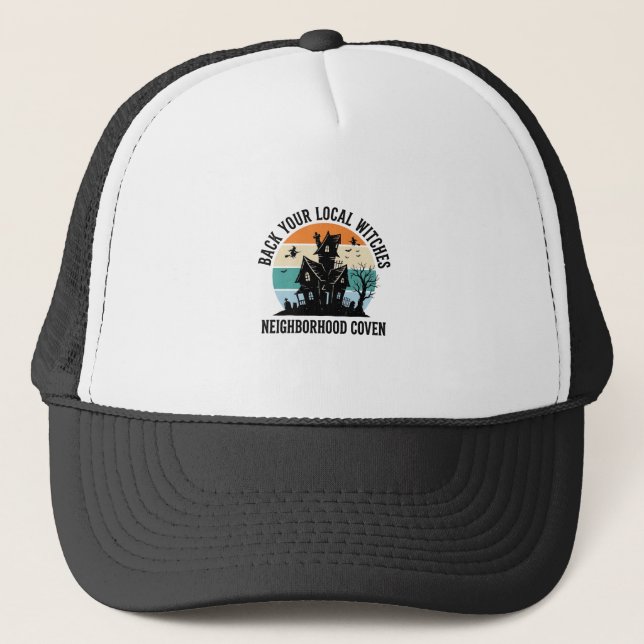 Local Witch Halloween Haunted House Retro Art Trucker Hat (Front)