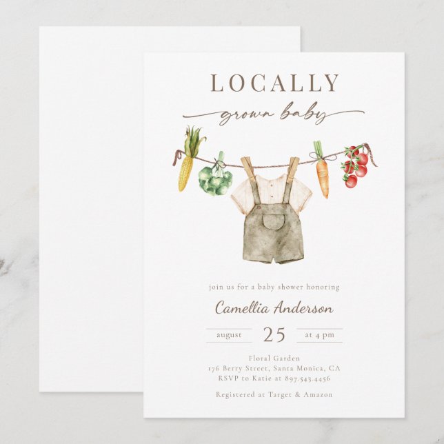 Locally Grow Farmers Market Baby Boy Clothesline  Invitation (Front/Back)