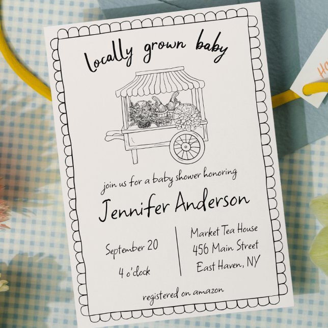 Locally Grown Baby Hand Drawn Baby Shower Invitation (locally grown baby shower hand drawn farmers market cute scribble doodle home grown gender neutral )