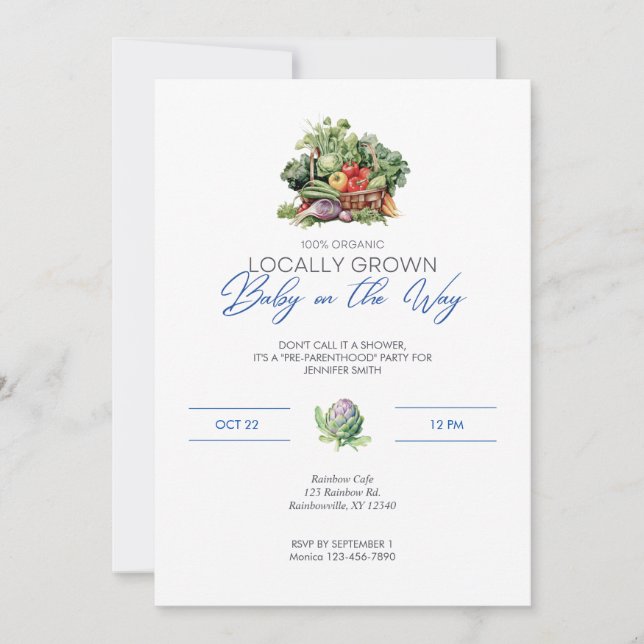 Locally Grown Baby on the Way - Vegetables - Blue Invitation (Front)