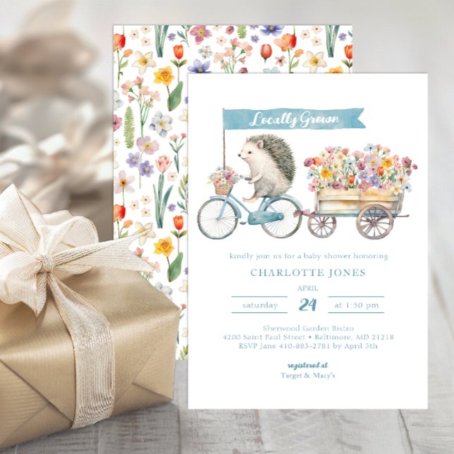 Locally Grown Baby Shower Invitation – Blue Floral (Whimsical Baby Shower Invite)