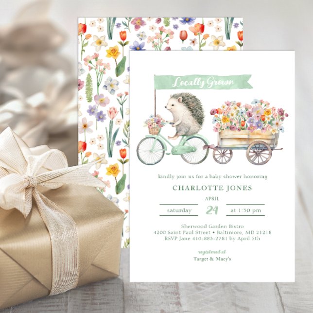 Locally Grown Baby Shower Invitation Green Florals (Whimsical Baby Shower Invite)