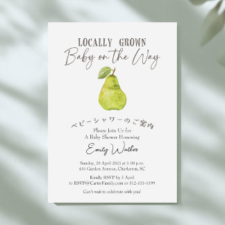 Locally Grown Baby Shower Pear Watercolor Rustic Invitation